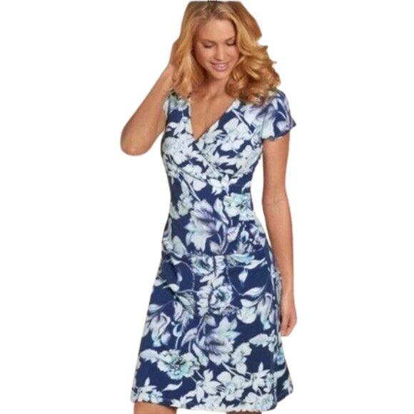 Soft Surroundings Blue Floral "Shapely Anywhere" Surplice Sheath - L